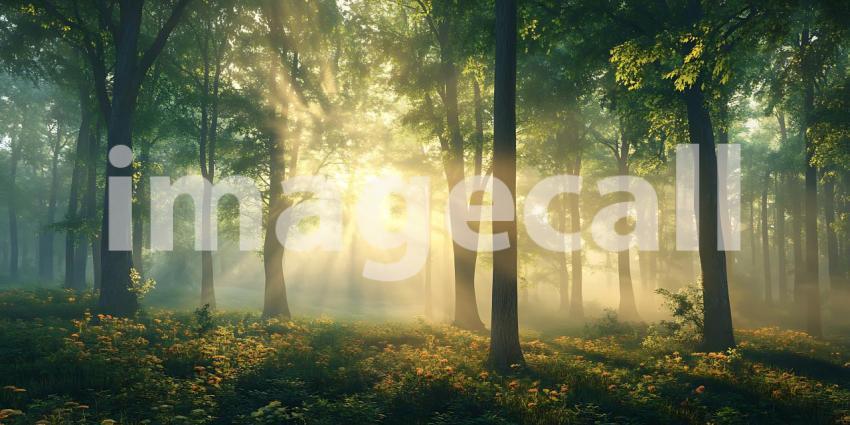 Sunlit Forest Path: A Misty Morning in the Woods
