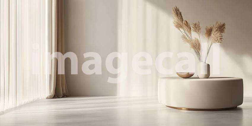 Soft Light Illuminates Pampas Grass in a Vase on a Round Table in a Minimalist Room
