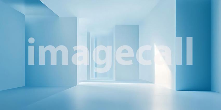 A Long Corridor of Soft Blue Light Beckons the Eye into a Minimalist Architectural Space