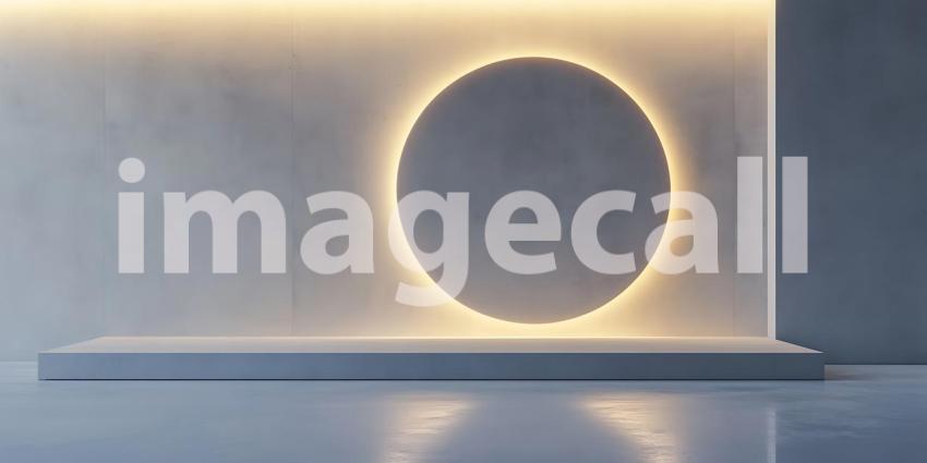 A Glowing Oval Frame Illuminates a Minimalist Platform Against a Textured Grey Wall