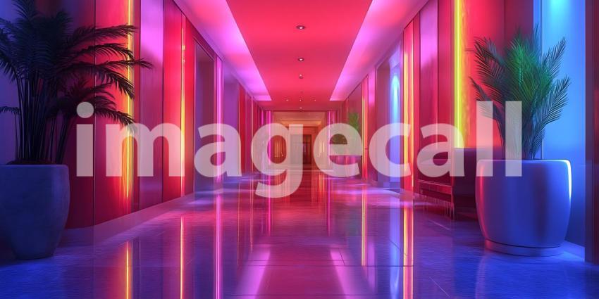 Neon Lights Corridor: Vibrant Pink, Purple, and Orange Interior