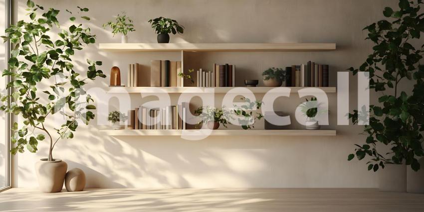 Sunlit Minimalist Bookshelf with Greenery: Interior Design Stock