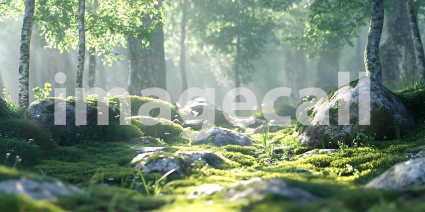 Sunlit Path Through a Misty Green Forest
