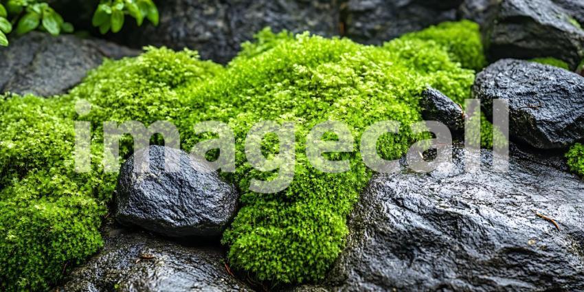 Lush Green Moss Growing on Rocks: Nature Texture Background