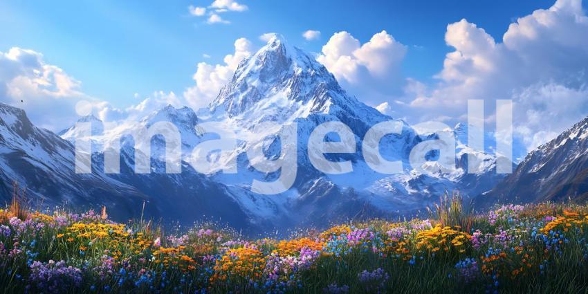 Stunning Mountain Landscape: Spring Flowers and Snow Peaks