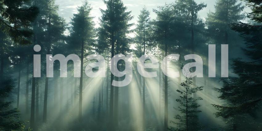 Sunbeams Through Forest: Misty Woods Background Image