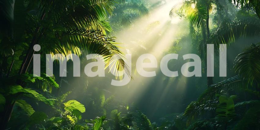 Sunbeams in Lush Green Forest: Nature Background Image