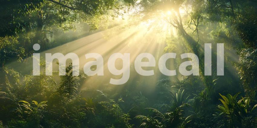 Sunbeams Through Forest: Lush Green Nature Background