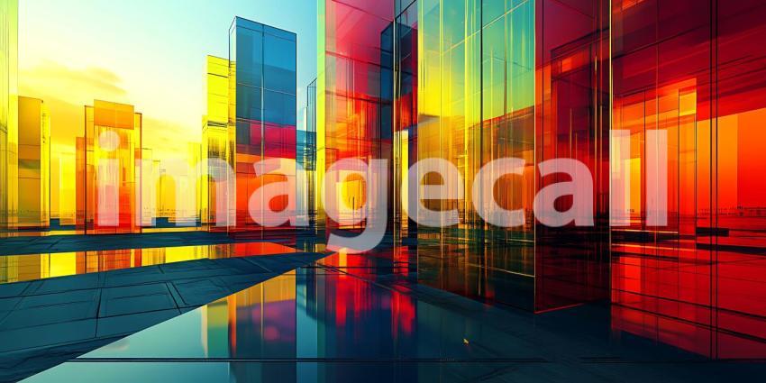 Vibrant Cityscape Abstract Art: Colorful Buildings Reflection