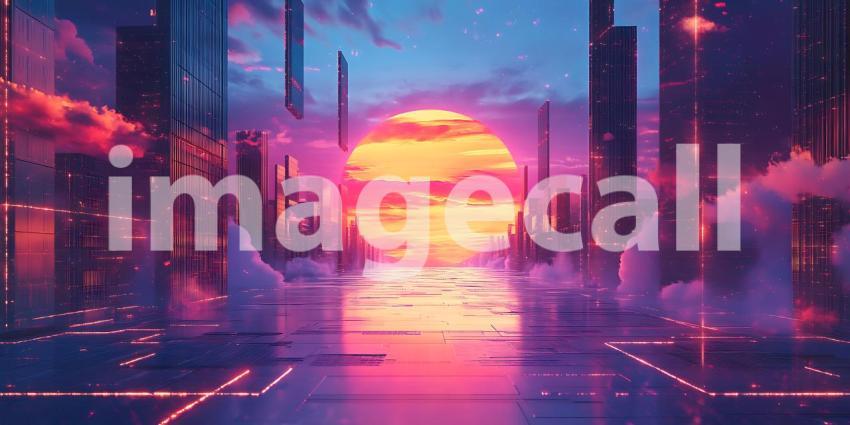 Futuristic Cityscape Sunset: Vibrant Digital Art Background