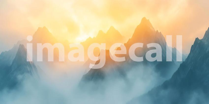 Serene Sunrise Mountain Landscape: Misty Peaks & Golden Light Ba