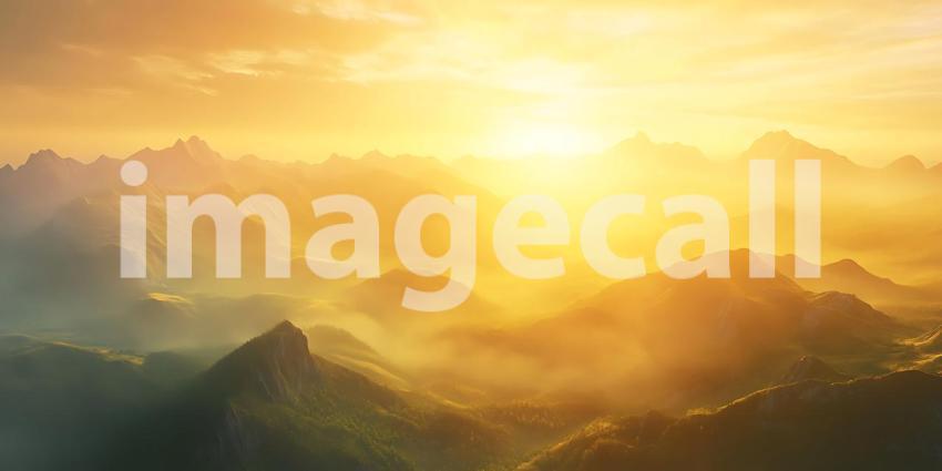 Golden Sunrise Mountain Landscape: Misty Peaks & Scenic View