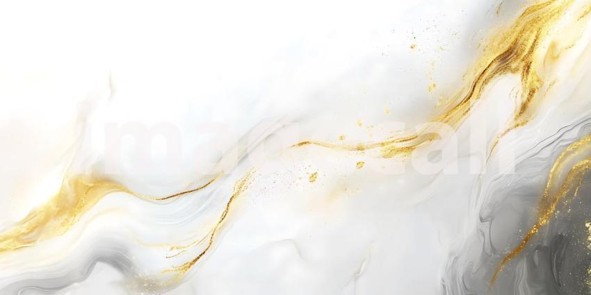 Wisps of Orange and Grey Ink Dance Together on White with Glimmers of Gold