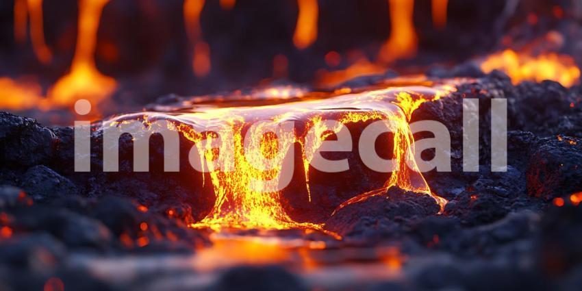 Molten Lava Flowing Over Dark Rocks: Volcanic Eruption Image