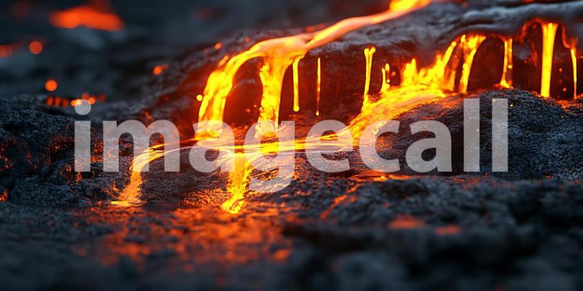 Molten Metal Flowing Through Dark Rocks