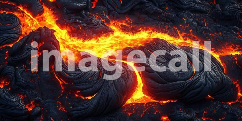 Fiery Lava Flowing Through Volcanic Rocks