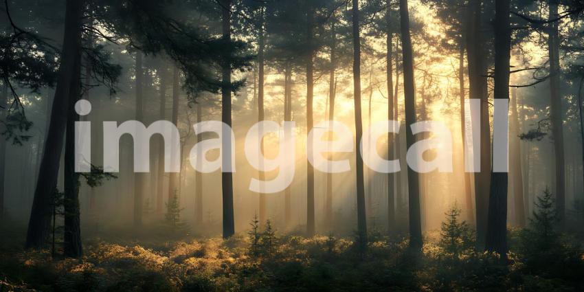 Sunbeams Illuminate a Misty Forest Path