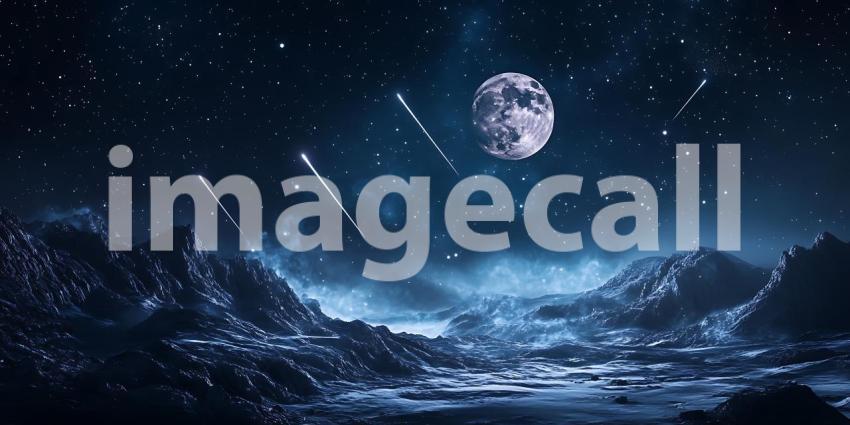 Winter Night Landscape: Full Moon, Snowy Mountains, Starry Sky