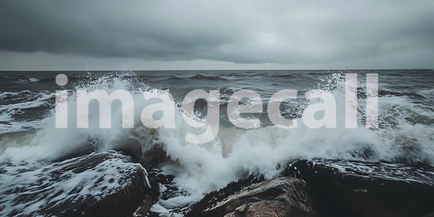 Under a Somber Sky Powerful Waves Crash Against Dark Rocks in a Display of Natures Raw Force