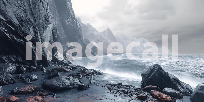 Under a Somber Sky Powerful Waves Crash Against Dark Rocks in a Display of Natures Raw Force