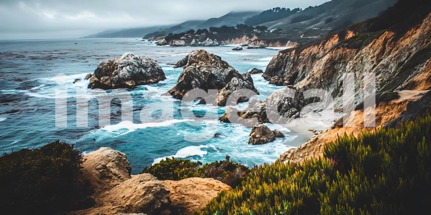 Under a Somber Sky Powerful Waves Crash Against Dark Rocks in a Display of Natures Raw Force