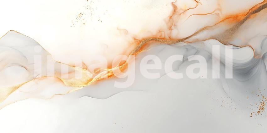 Wisps of Orange and Grey Ink Dance Together on White with Glimmers of Gold