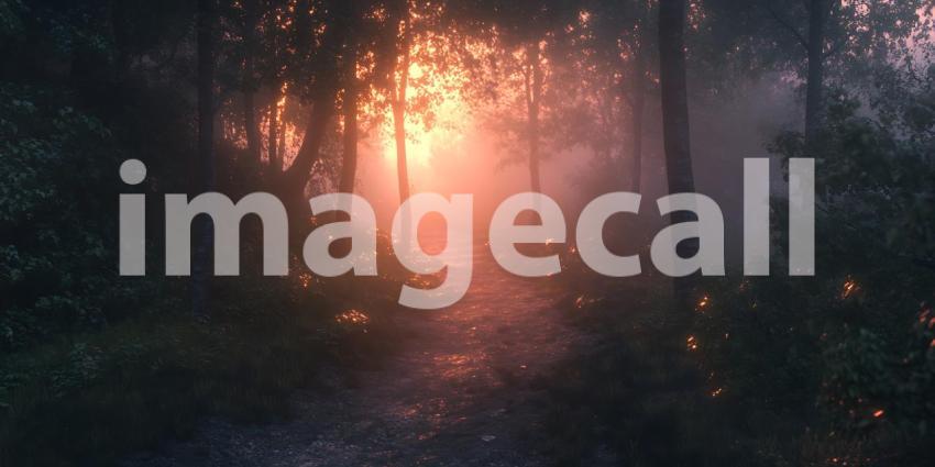 A Misty Path Winds Through a Dreamlike Forest Bathed in the Soft Glow of a Pink Sunset