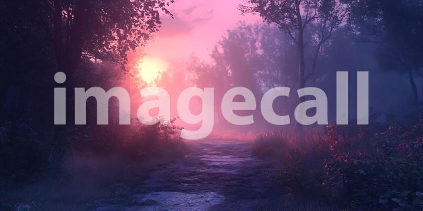 A Misty Path Winds Through a Dreamlike Forest Bathed in the Soft Glow of a Pink Sunset