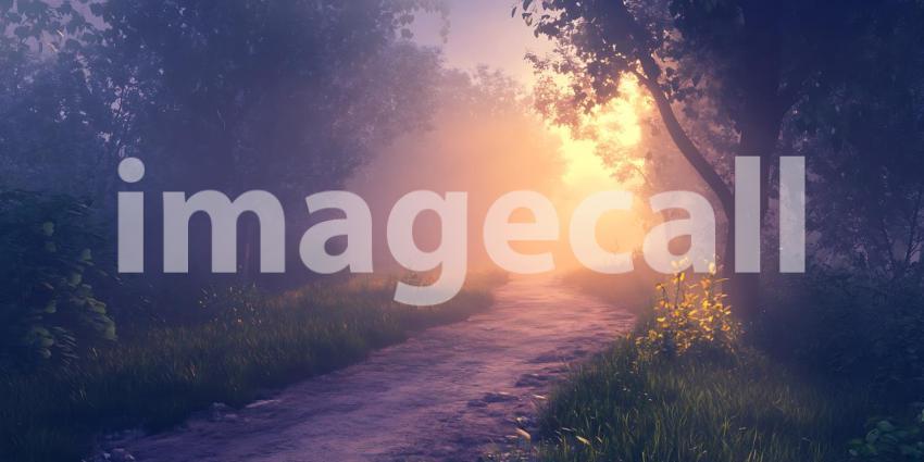 A Misty Path Winds Through a Dreamlike Forest Bathed in the Soft Glow of a Pink Sunset