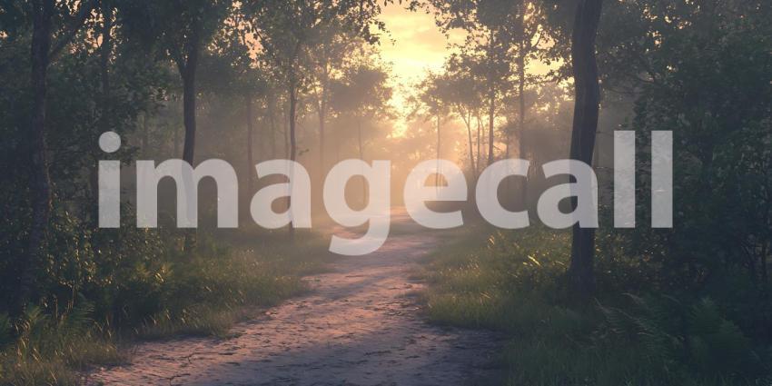 A Misty Path Winds Through a Dreamlike Forest Bathed in the Soft Glow of a Pink Sunset