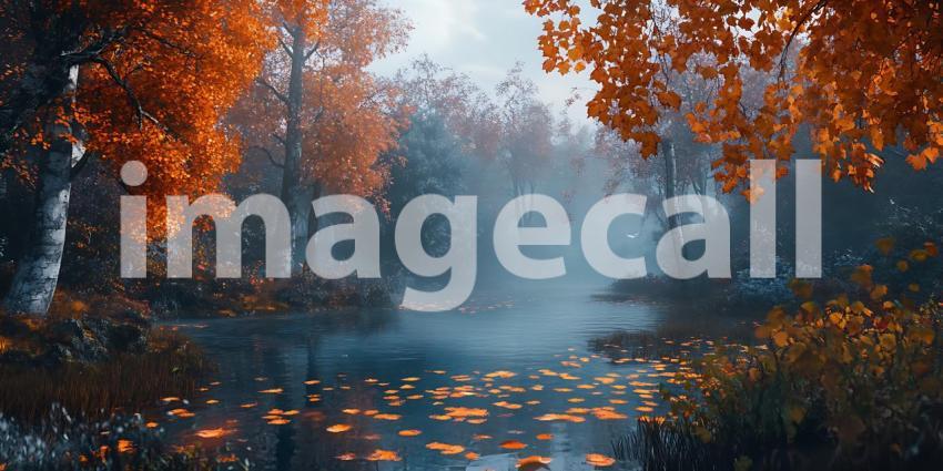 A Tranquil Stream Flows Through an Autumn Forest Adorned with Vibrant Orange Leaves and Gentle Mist