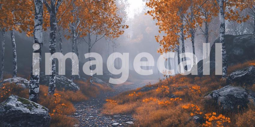 A Tranquil Stream Flows Through an Autumn Forest Adorned with Vibrant Orange Leaves and Gentle Mist