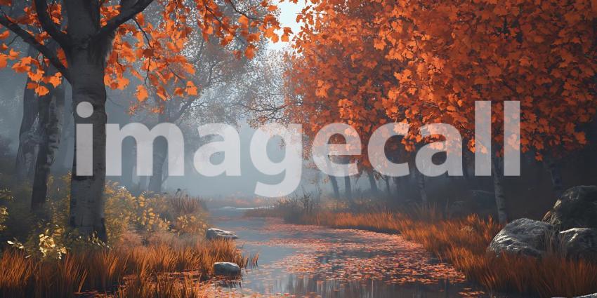 A Tranquil Stream Flows Through an Autumn Forest Adorned with Vibrant Orange Leaves and Gentle Mist