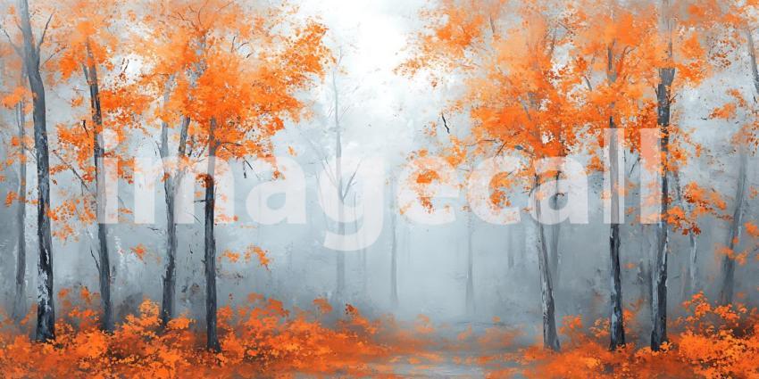 A Tranquil Stream Flows Through an Autumn Forest Adorned with Vibrant Orange Leaves and Gentle Mist