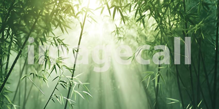 Sunlight Streams Through a Misty Bamboo Forest Creating an Ethereal and Enchanting Atmosphere