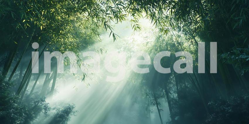 Sunlight Streams Through a Misty Bamboo Forest Creating an Ethereal and Enchanting Atmosphere