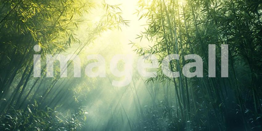 Sunlight Streams Through a Misty Bamboo Forest Creating an Ethereal and Enchanting Atmosphere