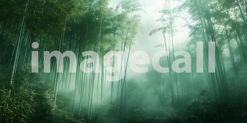 Sunlight Streams Through a Misty Bamboo Forest Creating an Ethereal and Enchanting Atmosphere
