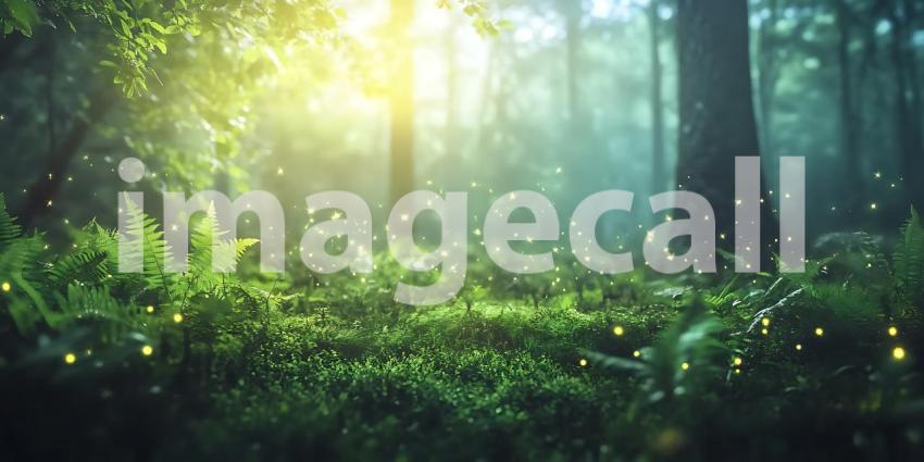 Enchanted Forest: Magical Sunlight, Lush Greenery, Nature Backgr