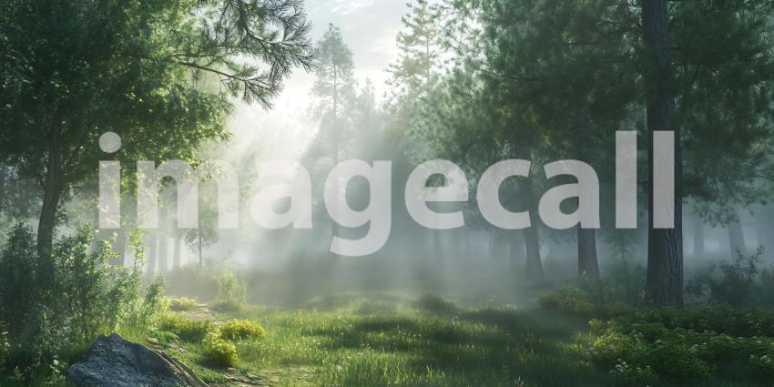 Magical Misty Forest: Sunbeams Through the Trees