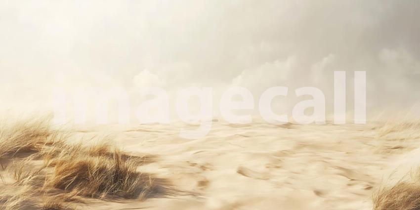 Misty Desert Landscape: Sand, Fog, and Dried Grass Background