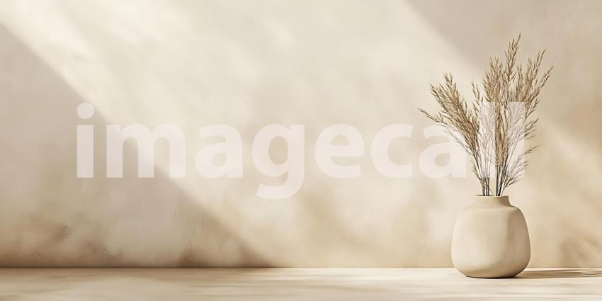 Beige Wall Background: Minimalist Dried Flowers in Vase