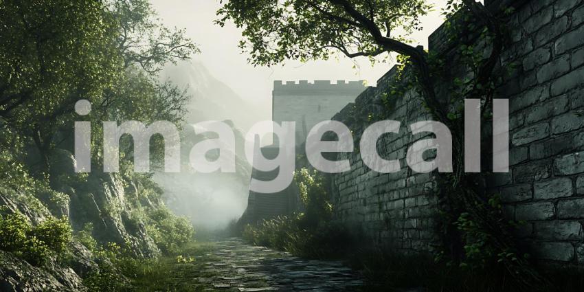 Mysterious Castle Hidden in Foggy Forest A Digital Painting