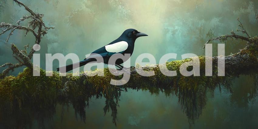 Magpie on Mossy Branch A Serene Nature Photograph