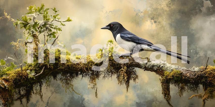 Stunning BlackandWhite Bird on Mossy Branch Nature Photography