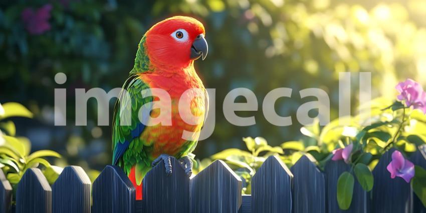 Sunlit Parrot on Garden Fence Vibrant Bird Photography