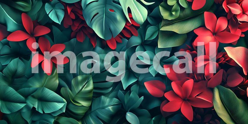 Vibrant Red and Teal Tropical Leaves Lush Nature Background