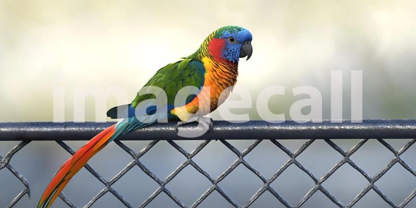 Vibrant Sun Parakeet Perched on Chain Link Fence Exotic Bird Pho