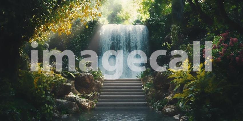 Serene Waterfall Pathway Tranquil Nature Scene