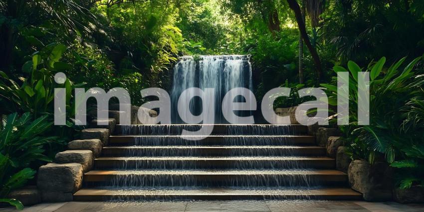 Serene Waterfall Cascading Down Stone Steps in Lush Garden